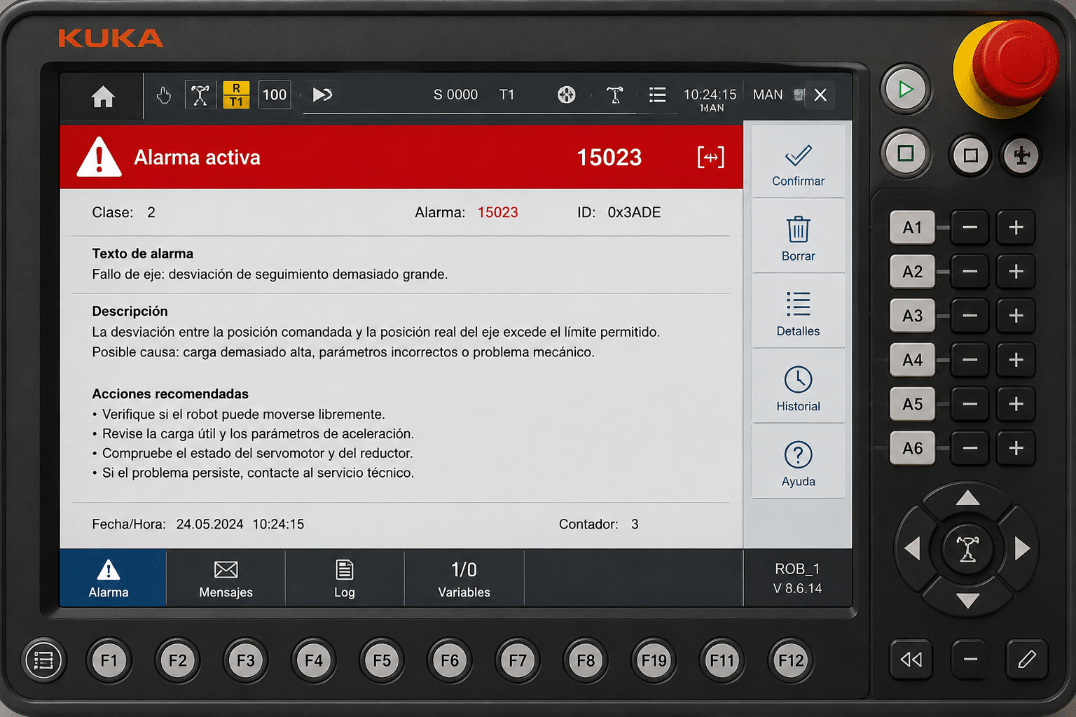 Pantalla de controlador de robot industrial mostrando código de alarma con número de eje